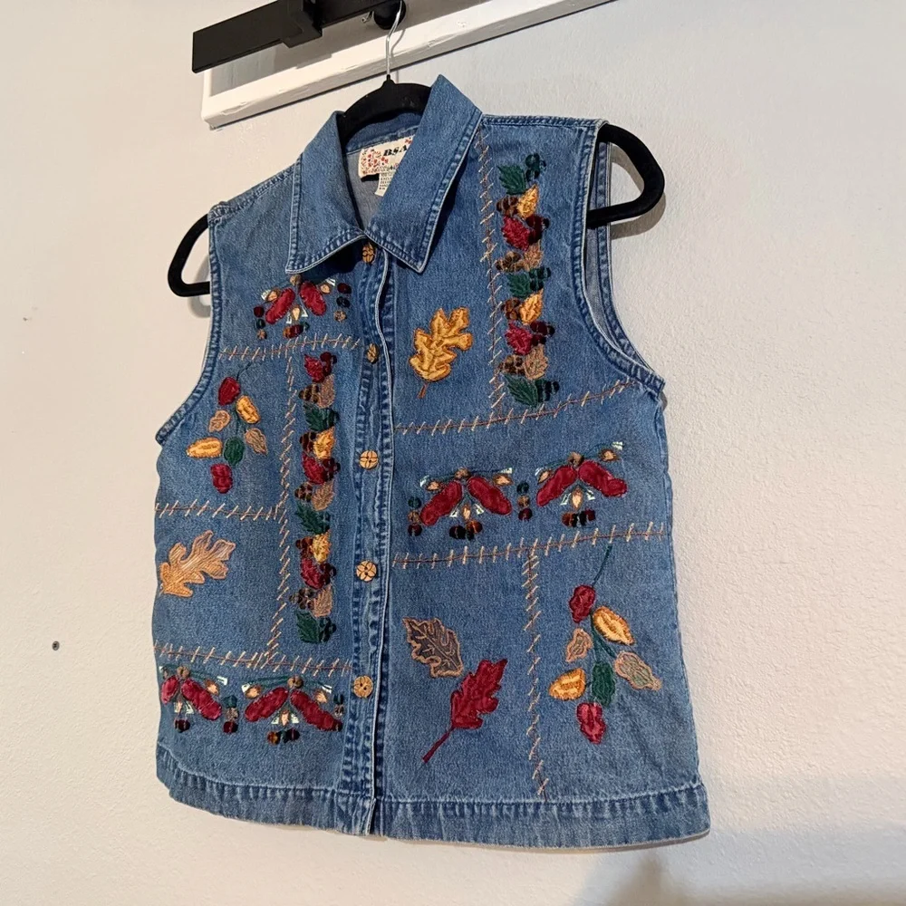 Vtg Embroidered Button Front Denim Vest Size Large Leaves Patchwork Velvet Fall - Picture 5 of 8